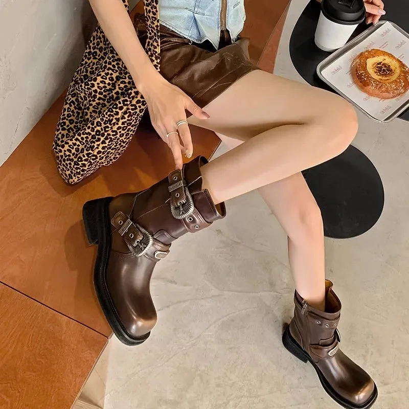 TAVIMART  -  Fashionable Square Head Maillard Western Cowboy Spicy Girl Style Thick Soled Boots Motorcycle Short Boots Pile Up Boots