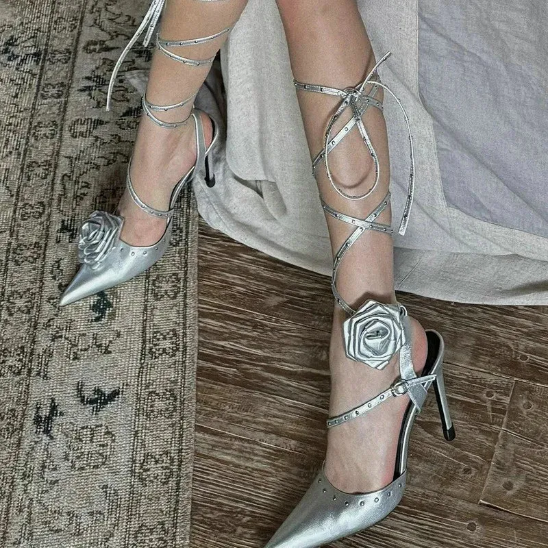 TAVIMART  -  Silver Riveted Pointed Cross Strap Rose High Heels For Women New Sexy Spice Temperament Pumps shoes