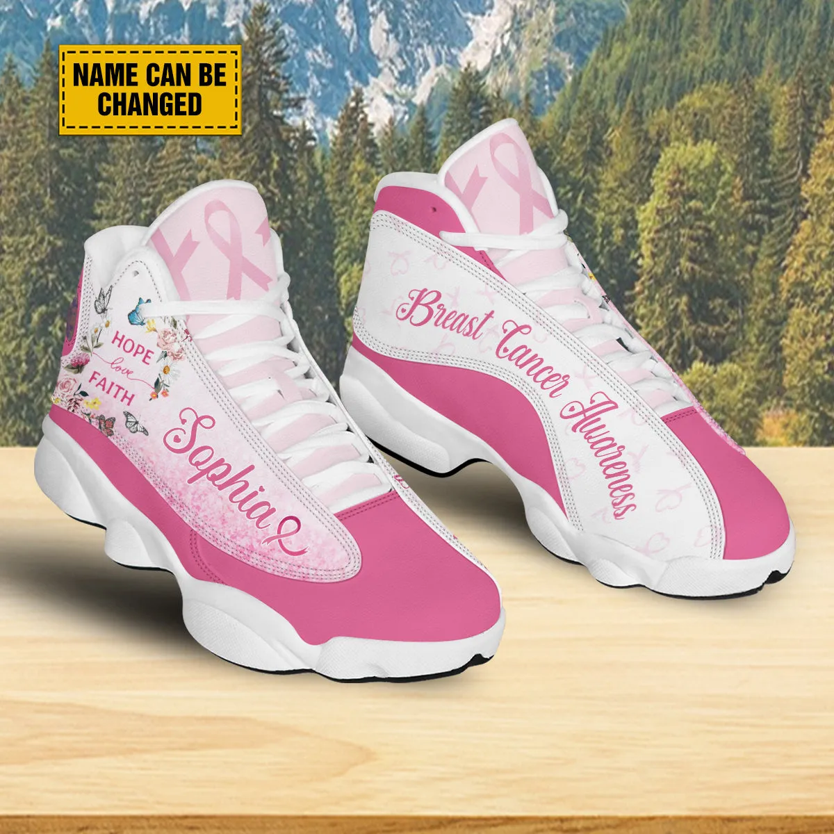 Teesdily | Customized Breast Cancer Warrior Basketball Shoes, Faith Hope Love Butterfly Shoes, Pink Ribbon Shoes For Women, Cancer Support Gifts