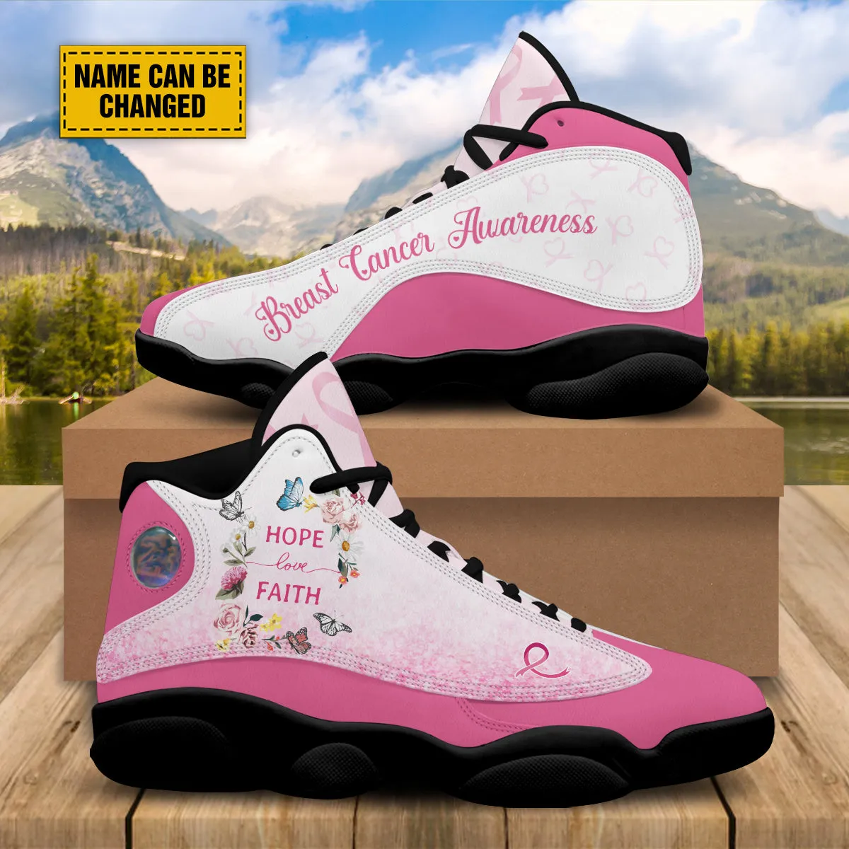 Teesdily | Customized Breast Cancer Warrior Basketball Shoes, Faith Hope Love Butterfly Shoes, Pink Ribbon Shoes For Women, Cancer Support Gifts