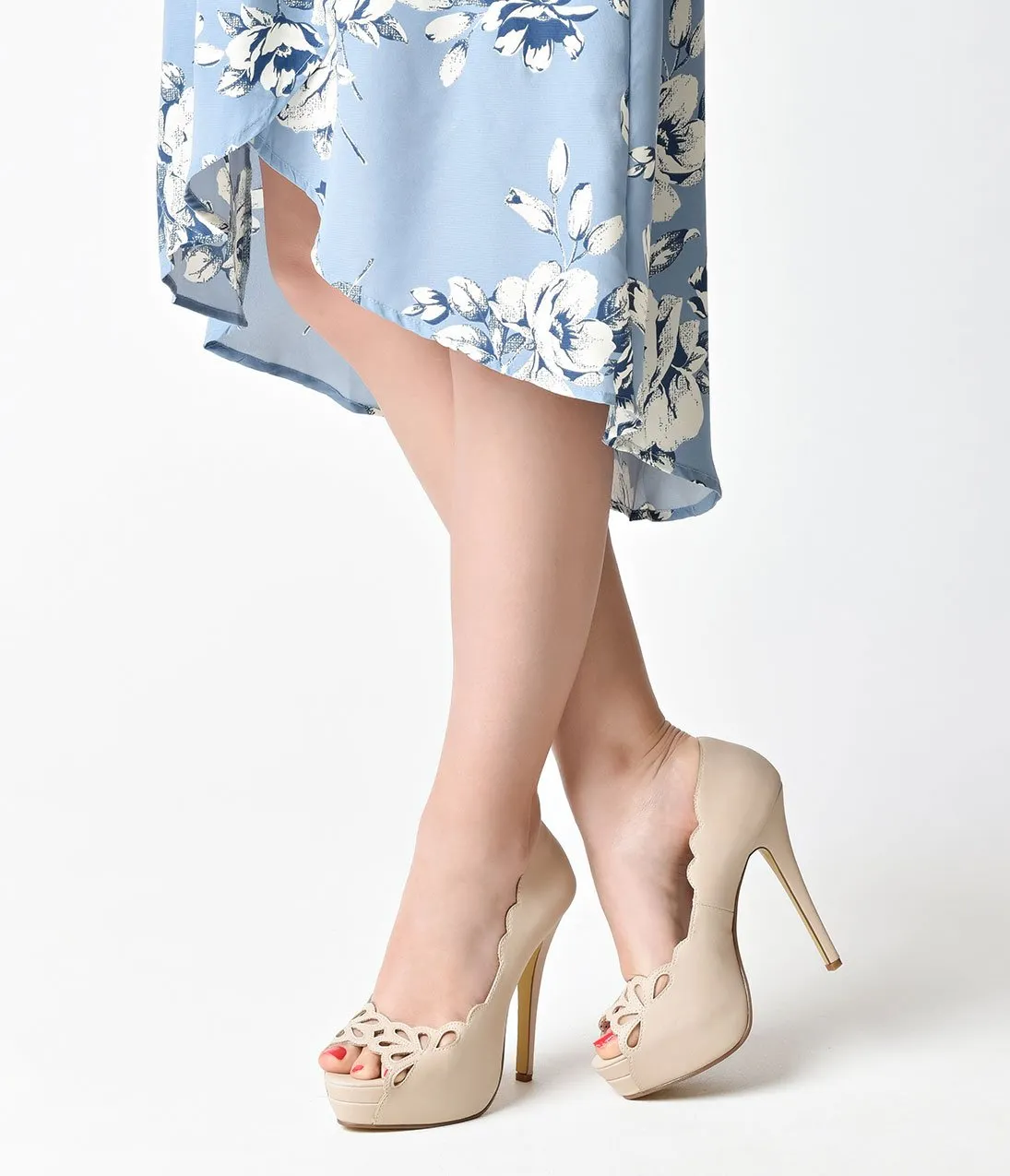 Vintage Style Light Beige Leatherette Cutout Peep Toe Platform Pump